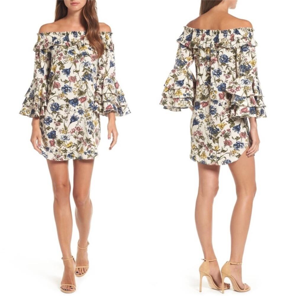 MISA Los Angeles Amal Multicolor Floral Off the Shoulder Ruffle Mini Dress Sz XS